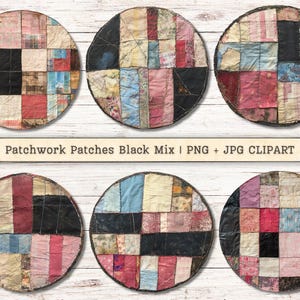 May include: Six round patchwork fabric designs with a black and white color scheme. The fabric is a mix of different patterns and textures. The designs are perfect for crafting projects, scrapbooking, or adding a unique touch to home decor.