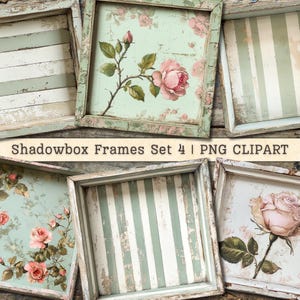 Shadowbox Frames Clipart Set 4, Digital Bildnedladdning, Antika Chippy Vintage Trärosor, Shabby Chic Collage, Scrapbooking, Skräpjournal