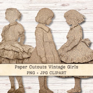 Op de afbeelding: Drie papieren uitknipsels van meisjes in jurken, elk met een vintage beige papiertextuur met gedrukte zwarte tekst. De figuren zijn naast elkaar geplaatst en tonen silhouetten van kinderen in verschillende houdingen met kledingpatronen.