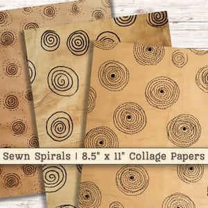 Papier numérique éphémère spirales cousues, kit de collage scrapbooking imprimable fils fils, supports mixtes beiges bruns neutres, fond de journal indésirable