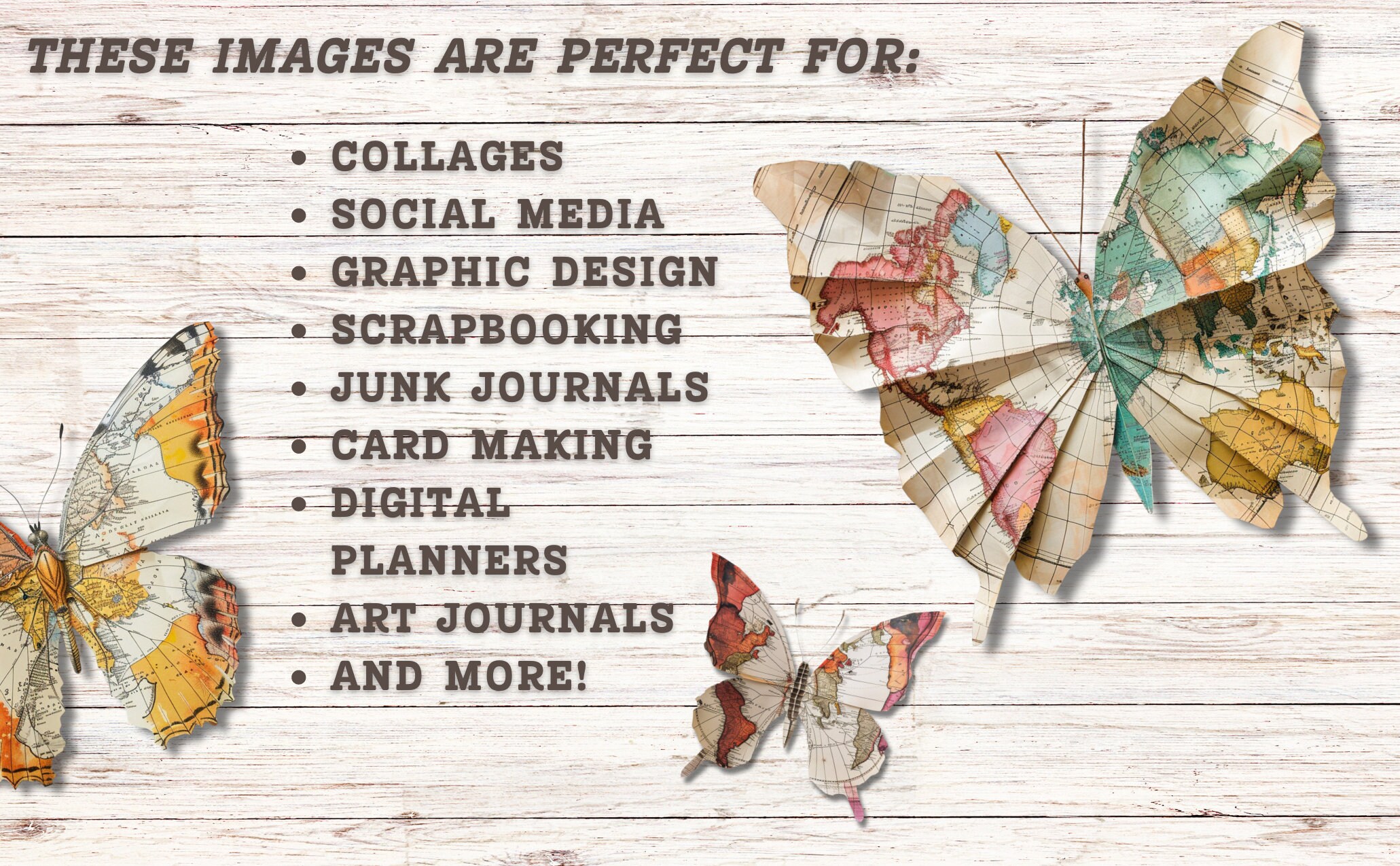 Paper Map Butterflies Clipart, Mixed Media Antique PNG + JPG Instant ...