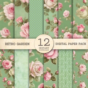 papier numérique vintage, paquet de papier shabby chic, roses de jardin rétro, feuilles de collage scrapbooking rose vert, kit de journal indésirable, plantes fleuries