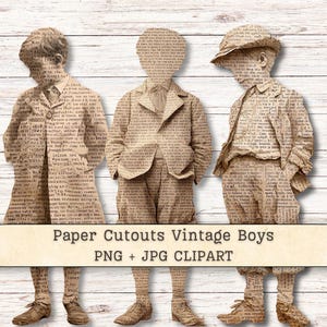 May include: Three paper cutouts of boys wearing vintage-style clothing, each figure covered in printed text. The figures are depicted in jackets and trousers, with one wearing a cap. The text reads Paper Cutouts Vintage Boys PNG + JPG CLIPART.