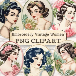 Clipart vintage pour femmes, écussons de style broderie, Années 1950, Floral, PNG, Collage, Scrapbooking, Journal, Loisirs créatifs en papier, Fabrication de cartes, libres de droits