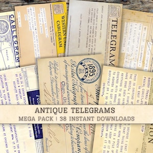Papier numérique éphémères de télégrammes anciens, écriture manuscrite, fournitures pour journal indésirable vintage imprimable, arrière-plans de collage, scrapbooking, télégraphe