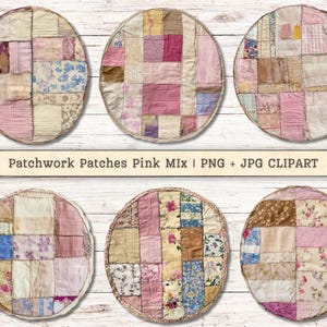 May include: Six round patchwork fabric designs in pink, brown, and white with floral patterns.  Patchwork Patches Pink Mix | PNG + JPG CLIPART
