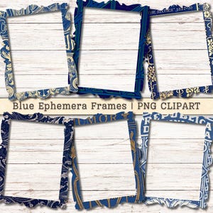 Clipart de cadres éphémères bleus, téléchargement immédiat d'image numérique PNG, texte vintage antique, collage shabby chic, scrapbooking, journal indésirable