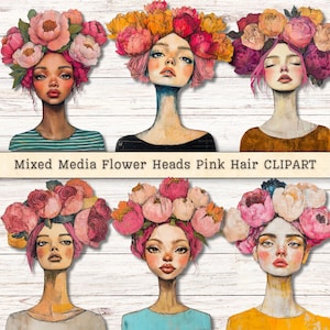 Mixed Media Flower Heads Clipart, Pink Hair Quirky Women Girls, Grunge Texture Distressed  Instant Downloads, Collage Junk Journal Digital