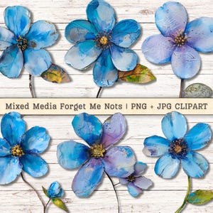 Mixed Media Forget Me Nots Flowers Clipart, Grunge Texture Distressed PNG + JPG Instant Download, Painterly Collage Junk Journaling Supplies