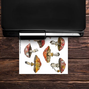 May include: A set of eight digital illustrations of red and white mushrooms with brown stems. The mushrooms are arranged in a random pattern on a white background.