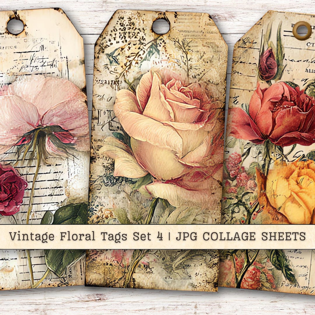 Vintage Floral Tags Clipart Set 4, Ephemera Fussy Cuts JPG Instant ...
