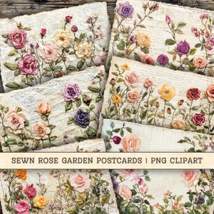 Genähte Rosengarten Postkarten, Volkskunst Stickerei Band digitaler Download, Blumen Text Junk Journal liefert Collage Hintergründe Scrapbooking