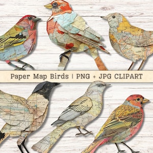 Papieren kaart vogels clipart, Mixed Media antieke PNG + JPG instant downloads, origami collagestijlafbeeldingen, ongewenste dagboek digitale benodigdheden