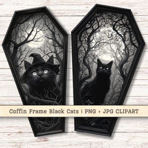 Puede incluir: Dos marcos negros en forma de ataúd con ilustraciones de gatos negros en un bosque espeluznante. Un gato lleva un sombrero de bruja. La obra de arte es en blanco y negro, con una luna llena en el fondo. El texto en la parte inferior dice "Coffin Frame Black Cats | PNG + JPG CLIPART".