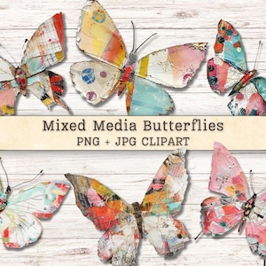 May include: A collection of mixed media butterflies in various colors, including pink, blue, yellow, and orange. The butterflies have a textured appearance and are arranged on a white wooden background. Text on a banner reads "Mixed Media Butterflies PNG + JPG CLIPART."