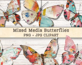 Imágenes prediseñadas de mariposas con técnica mixta, textura grunge PNG + JPG, descargas instantáneas, suministros digitales para diarios creativos con estilo collage pictórico