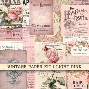 Vintage Papier Kit Rosa Digitaler Download, druckbare Collage Sheets, antikes Ephemera Papier, Scrapbooking Junk Journal Hintergründe