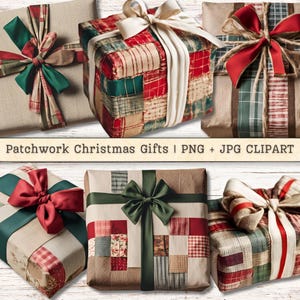 May include: Six Christmas presents wrapped in patchwork fabric with various ribbons and bows. The presents are arranged in two rows of three. The presents are all different sizes and shapes.  Patchwork Christmas Gifts | PNG + JPG CLIPART