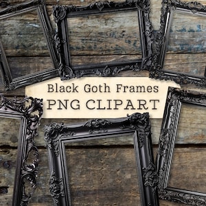 Peut inclure: Ensemble de cinq cadres photo noirs ornés sur un fond en bois vieilli. Les cadres sont de tailles différentes et de style gothique. Le texte "Black Goth Frames PNG CLIPART" est écrit sur un morceau de papier au centre de l'image.