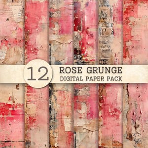 Puede incluir: Un paquete de papel digital con 12 texturas rosa grunge que presentan capas desgastadas en tonos rosa y rojo, bordes de papel rasgados y elementos de tipografía vintage. El texto superpuesto dice 12 ROSE GRUNGE DIGITAL PAPER PACK.