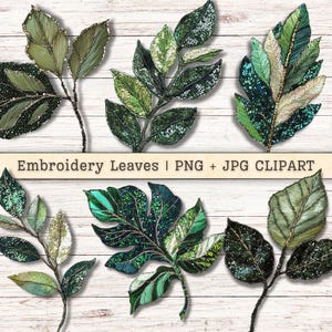 Clipart de folhas bordadas, download digital de arte popular costurada, lantejoulas verdes brilhantes, materiais de diário de sucata, fundos de colagem para scrapbooking