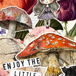 May include: A collage of images featuring mushrooms, flowers, and a girl with a purple mushroom hat. The text "ENJOY THE LITTLE THINGS" is printed on a white background.