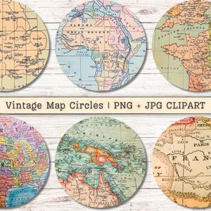 Vintage Karte Kreise Clipart, Mixed Media Antike PNG + JPG Sofortiger Download, Papier Collage Stil Bilder, Kreis Junk Journal Digitales Angebot