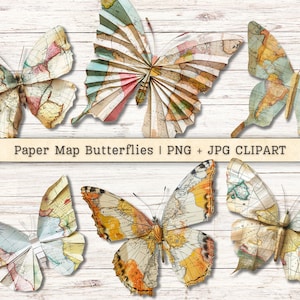 Papier Karte Schmetterlinge Clipart, Mixed Media Antike PNG + JPG Sofort-Downloads, Origami-Collage-Stil Bilder, Junk-Journal Digital Zubehör