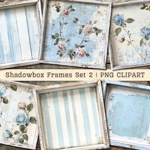 Shadowbox Frames clipart set 2, digitale afbeelding downloaden, antieke Chippy vintage houten rozen, shabby chic collage, blauw plakboek, junk Journal