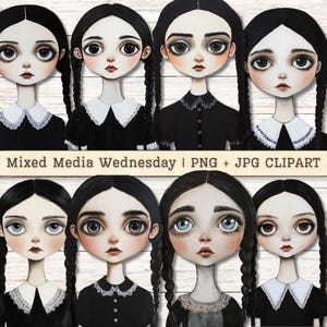 Halloween Wednesday Addams Clipart, Mixed Media grillige PNG + JPG Instant Download, Big Eyes magische collage ongewenste dagboek digitale benodigdheden