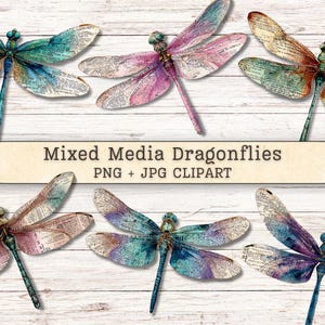 May include: A collection of digital dragonfly illustrations featuring mixed media designs with vintage text overlays. The dragonflies display vibrant colour gradients in shades of blue, pink, purple, and orange. Text reads: Mixed Media Dragonflies PNG + JPG CLIPART.