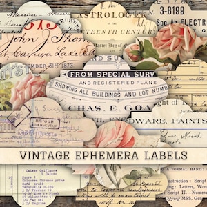 May include: Vintage ephemera labels with a variety of designs, including floral, text, and geometric patterns. The labels are printed on cream-colored paper and have a distressed, aged look. The text on the labels includes phrases like "From Special Surv" and "Chas. E. Goat".