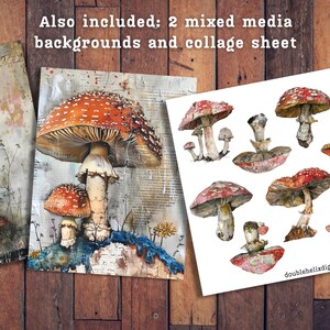 May include: Two digital collage sheets featuring watercolor illustrations of red and white mushrooms. The first sheet shows a large mushroom in the foreground with smaller mushrooms in the background. The second sheet shows a collage of 12 individual mushroom illustrations.