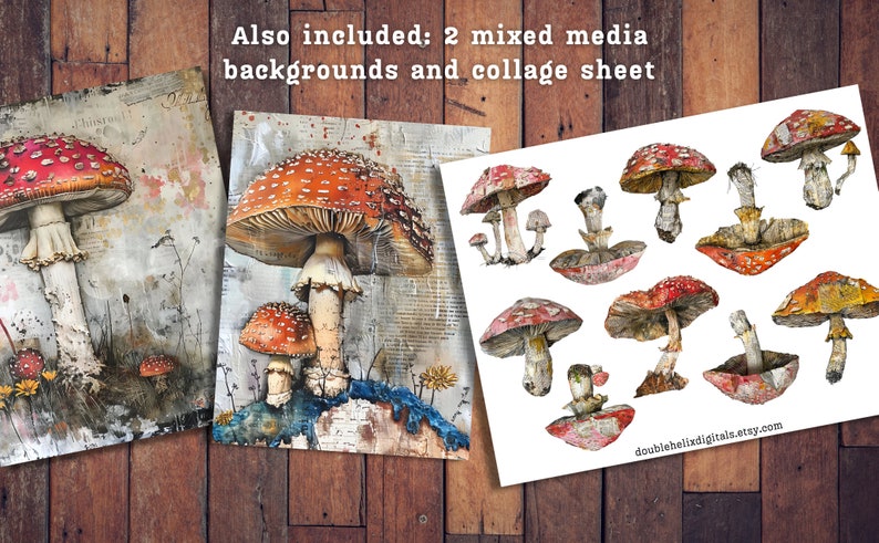 May include: Two digital collage sheets featuring watercolor illustrations of red and white mushrooms. The first sheet shows a large mushroom in the foreground with smaller mushrooms in the background. The second sheet shows a collage of 12 individual mushroom illustrations.