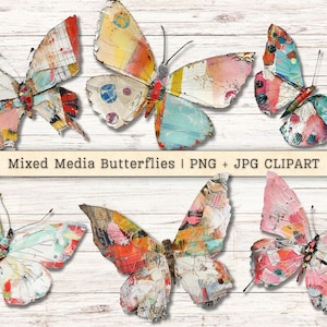 Clipart papillons techniques mixtes, Texture grunge PNG + téléchargements instantanés JPG, collage artistique Style indésirable Journal fournitures numériques