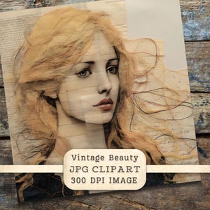 May include: A vintage-inspired digital illustration of a woman with long blonde hair. The image is made up of layered pieces of paper with handwritten text and delicate lines. The text at the bottom of the image reads "Vintage Beauty JPG CLIPART 300 DPI IMAGE".