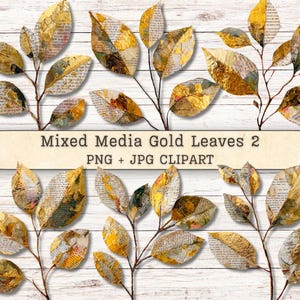 Puede incluir: Clipart de hojas doradas de técnica mixta. Las hojas son una mezcla de texturas doradas y de papel, con texto visible. Las hojas están dispuestas sobre tallos marrones sobre un fondo de madera blanca. El texto "Mixed Media Gold Leaves 2 PNG + JPG Clipart" es visible.