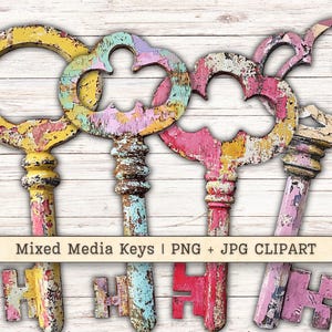 Mixed Media Keys Clipart, Grunge Paint Texture Distressed PNG + JPG Instant Download Painterly Collage Style Junk Journal Digital Supplies
