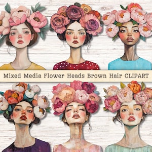 Mixed Media bloemhoofdjes clipart, bruin haar eigenzinnige vrouwen meisjes, grunge textuur noodlijdende instant downloads, collage ongewenste dagboek digitaal