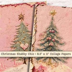 Clipart di alberi di Natale in stile shabby chic su carta digitale, download istantaneo di pizzo rosa con tecnica mista, collage di sfondo strappato in pizzo, Junk Journal Supply