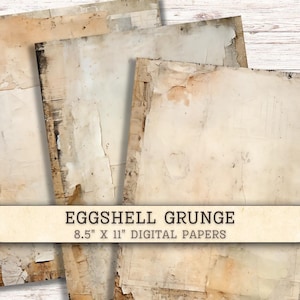 May include: A collection of digital papers featuring an eggshell grunge texture with layered, distressed off-white and beige tones. The image includes a central banner with the text EGGSHELL GRUNGE 8.5" X 11" DIGITAL PAPERS in dark font.