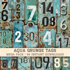 Puede incluir: Una colección de 94 etiquetas grunge azul aguamarina con números blancos y negros. Las etiquetas están desgastadas y tienen un aspecto oxidado. Las etiquetas son perfectas para agregar un toque vintage a tus manualidades y proyectos.