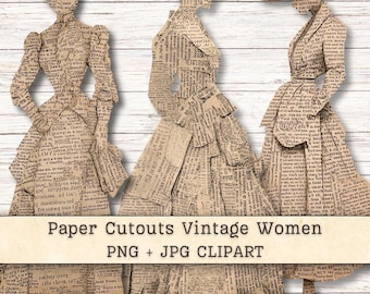 Könnte beinhalten: Drei Papierschnitte von Figuren in langen Kleidern und Hüten, jeweils mit einem beigen Hintergrund, der mit schwarzem Zeitungstext bedruckt ist. Die Figuren sind nebeneinander angeordnet und zeigen detaillierte Silhouetten historischer Kleidungsstile.