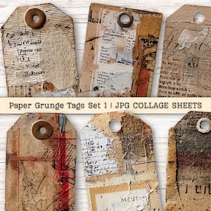 Papier Grunge Tags Clipart-Set 1, Ephemera Distressed JPG Instant Downloads, Neutral Text Collage Scrapbook Junk Journal Digitales Zubehör