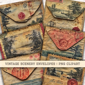 Sobres con paisajes vintage PNG, descarga digital, suministros para diarios basura, fondos de collage, álbumes de recortes, efímeras para diarios antiguos y divertidos