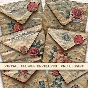 Vintage bloemenenveloppen PNG-clipart, digitale download ongewenste tijdschriftbenodigdheden, collage achtergronden, plakboek, rozen oude efemere logboeken