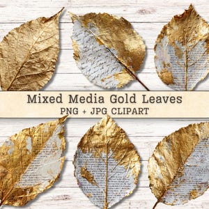 Puede incluir: Seis hojas doradas con un diseño de técnica mixta. Algunas hojas tienen secciones blancas con texto. La imagen incluye el texto "Mixed Media Gold Leaves PNG + JPG CLIPART". Las hojas están dispuestas sobre un fondo de madera blanca.