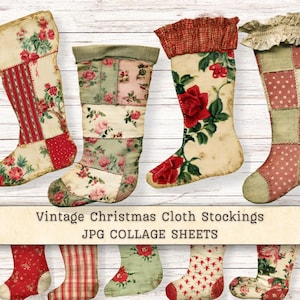 Puede incluir: Cuatro calcetines navideños decorativos con diseños de patchwork, patrones florales, rayas rojas y lunares. El texto Vintage Christmas Cloth Stockings JPG COLLAGE SHEETS está impreso en el centro. Los calcetines muestran diversas texturas de tela.