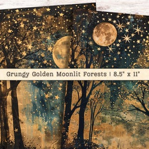 Papier numérique grungy doré forêts au clair de lune, téléchargements instantanés JPG grunge, collage d'arrière-plan fournitures de journal indésirable