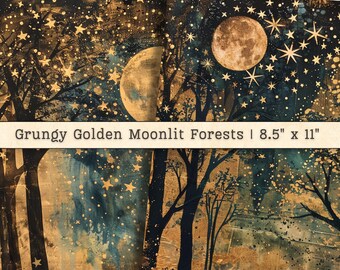 May include: Grungy Golden Moonlit Forests | 8.5" x 11" digital paper pack with a dark blue and gold color scheme featuring a moon and stars in a forest setting.